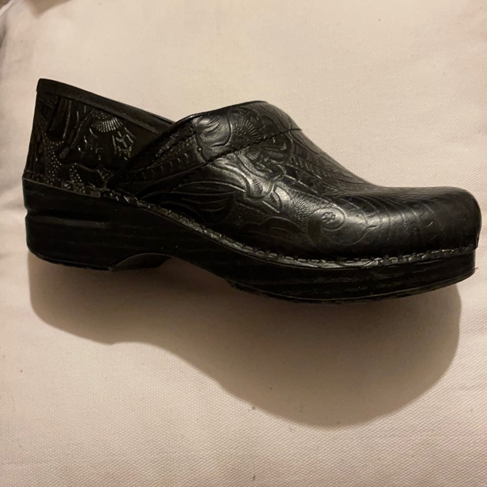 Dansko black tooled clogs